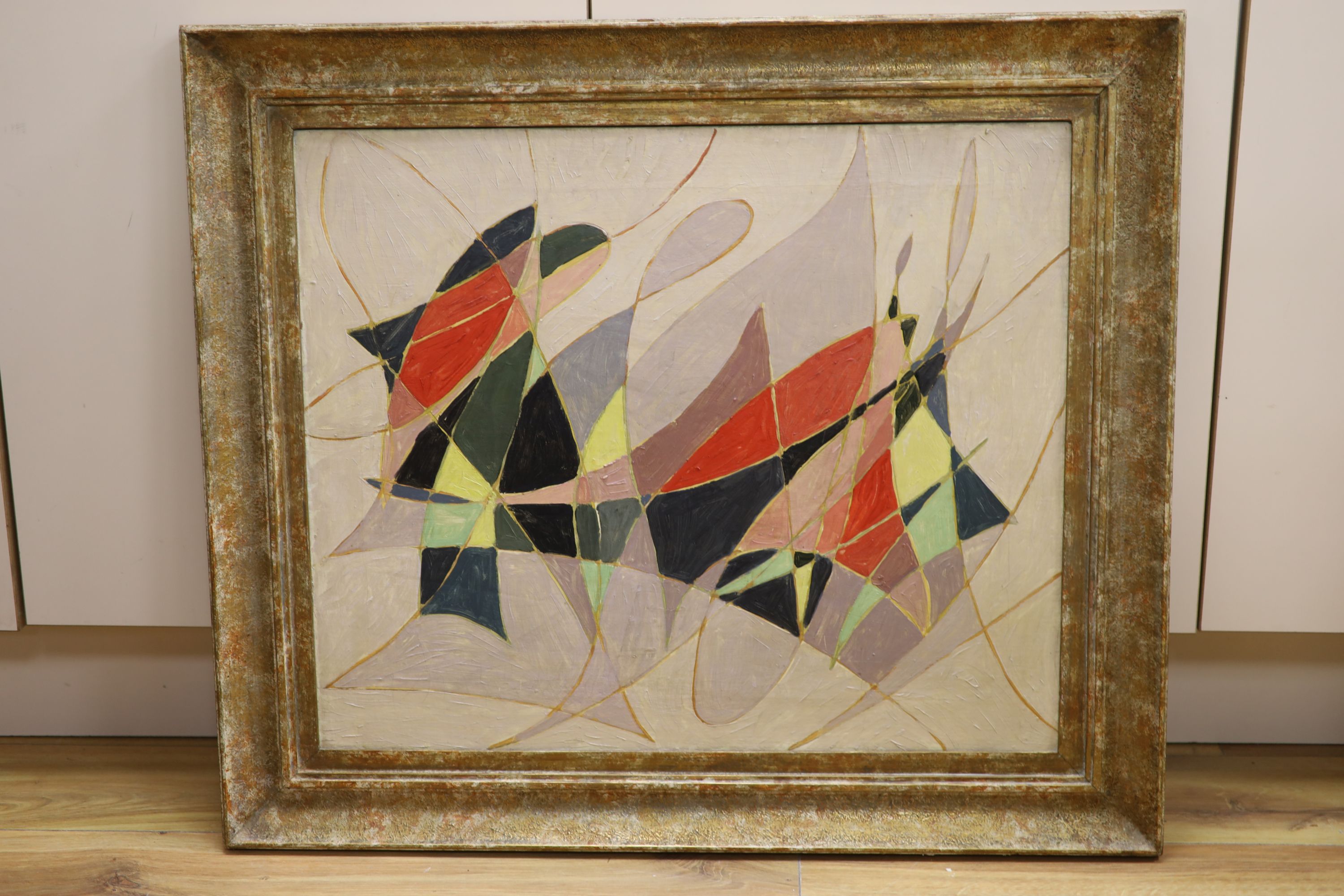 Elizabeth Goudge (1923-2020, nee Miss Elizabeth Harvey) oil on canvas, Abstract, label remnant verso, 50 x 60cm